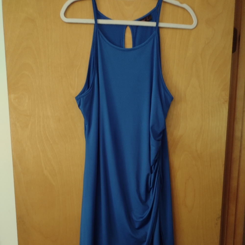A cobalt blue asymmetrical dress with side ruching, size 12-14
